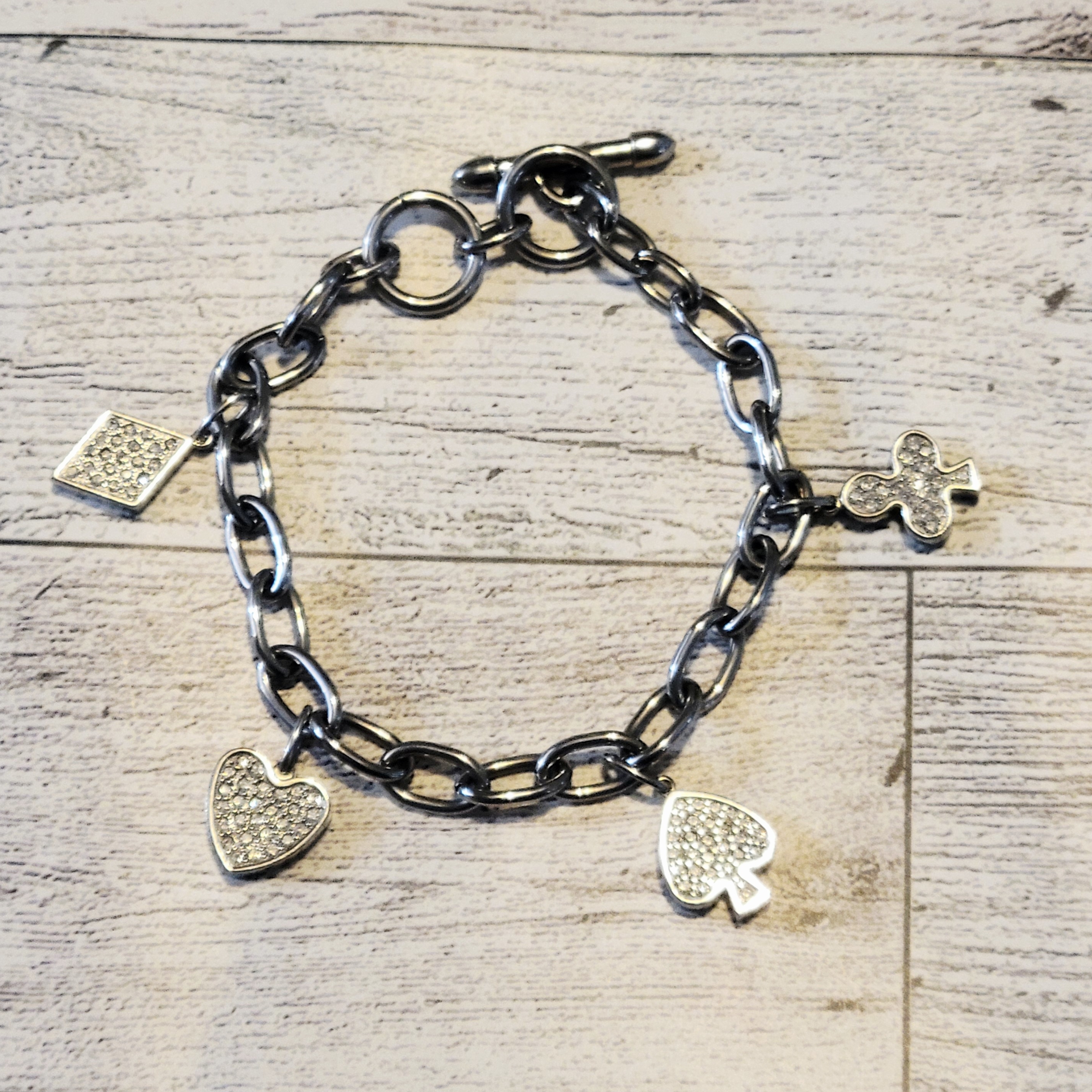 Folli Follie Silver Crystal Charm Bracelet W/ Heart Spade Diamond & Club Charms